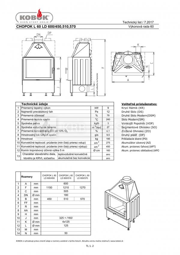 Kobok Chopok L 60 LD 600/450 510 570 rovná krbová vložka so šamotovým ohniskom krb-pec