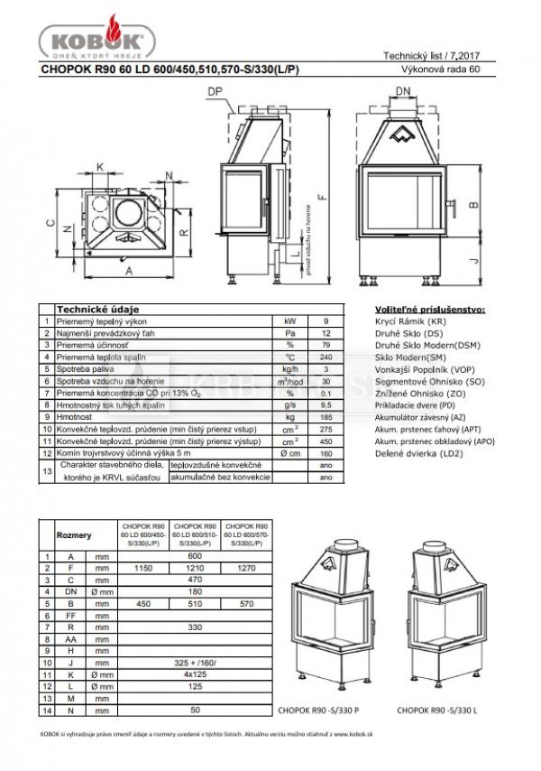 Kobok Chopok R90 60 LD 600/450 510 570-S/330 L/P oceľová dizajnová rohová krbová vložka