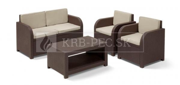 Keter Modena záhradný set nábytku hnedý (2 kreslá + konferenčný úložný stolík + dvojsedadlová pohovka) krb-pec