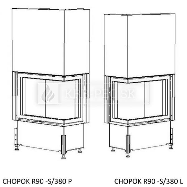 Kobok Chopok R 90 S/380 VD L/P 650/450 510 570 teplovzdušná rohová krbová vložka s výsuvnými dvierkami krb-pec