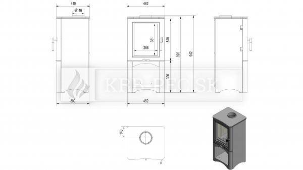 Kratki KOZA K5 oceľové krbové kachle na podstavci s boxom krb-pec
