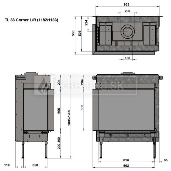 Trimline 83 Corner plynová krbová vložka s rohovým presklením krb-pec