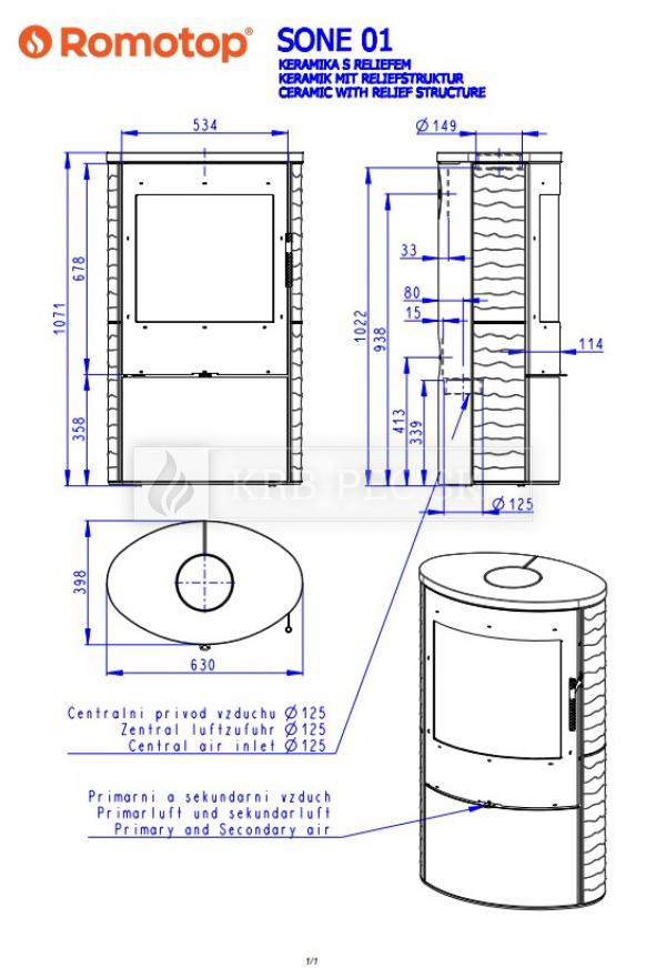 Romotop Sone 01 keramické krbové kachle s reliéfom a šamotovým ohniskom krb-pec