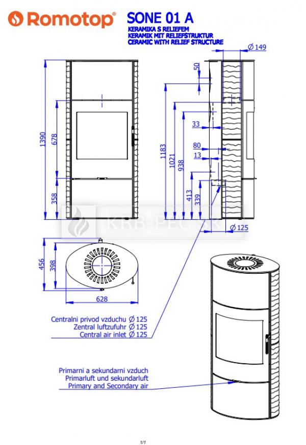 Romotop Sone 01 A akumulačné krbové kachle s keramickým obložením a reliéfom krb-pec