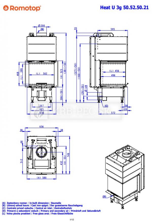 Romotop Heat U 3g L 50.52.50.21 trojstranná krbová vložka s výsuvnými dvierkami krb-pec