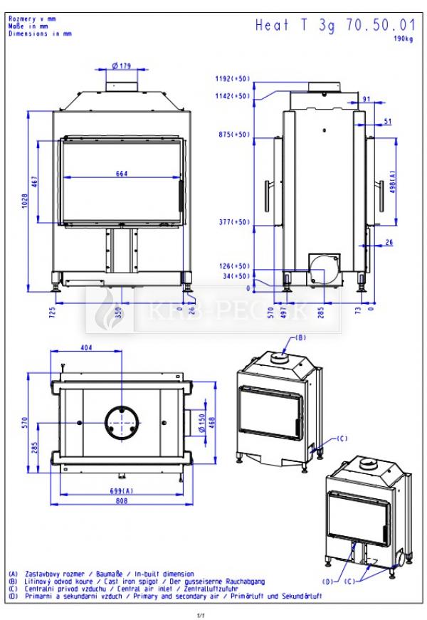 Romotop Heat T 3g 70.50.01 rovná krbová vložka so šamotovým ohniskom a bočnými dvierkami krb-pec