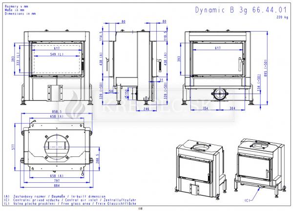 Romotop DYNAMIC B3G 66.44.01 rohová pecová vložka so zadným prikladaním a šamotovým ohniskom krb-pec
